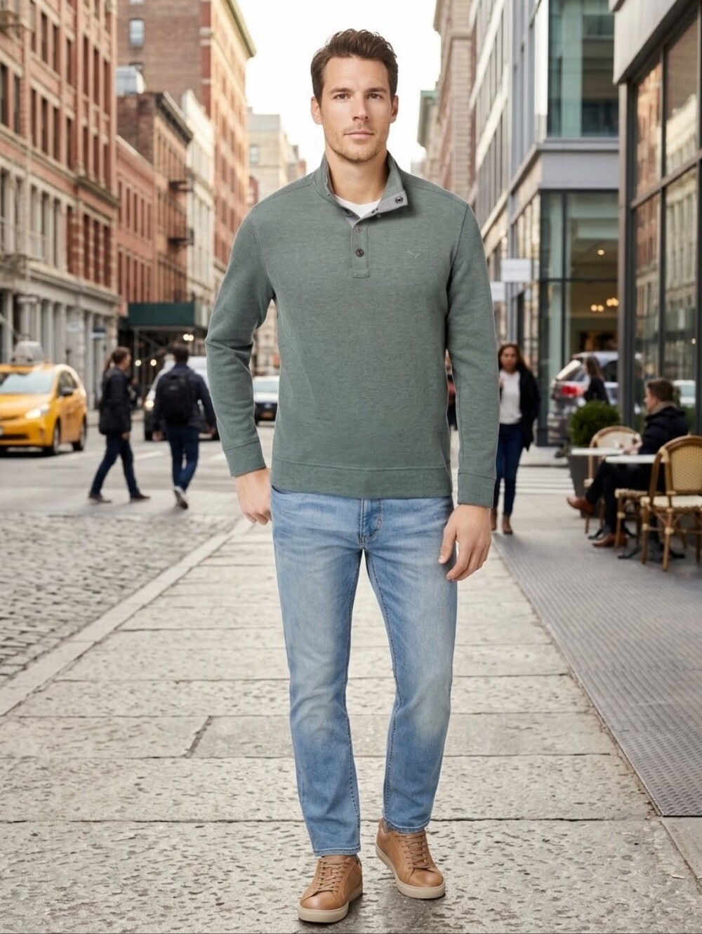 Tommy Bahama Mens Cold Springs Mock-Collar Snap Henley Sweater Olive Green Large